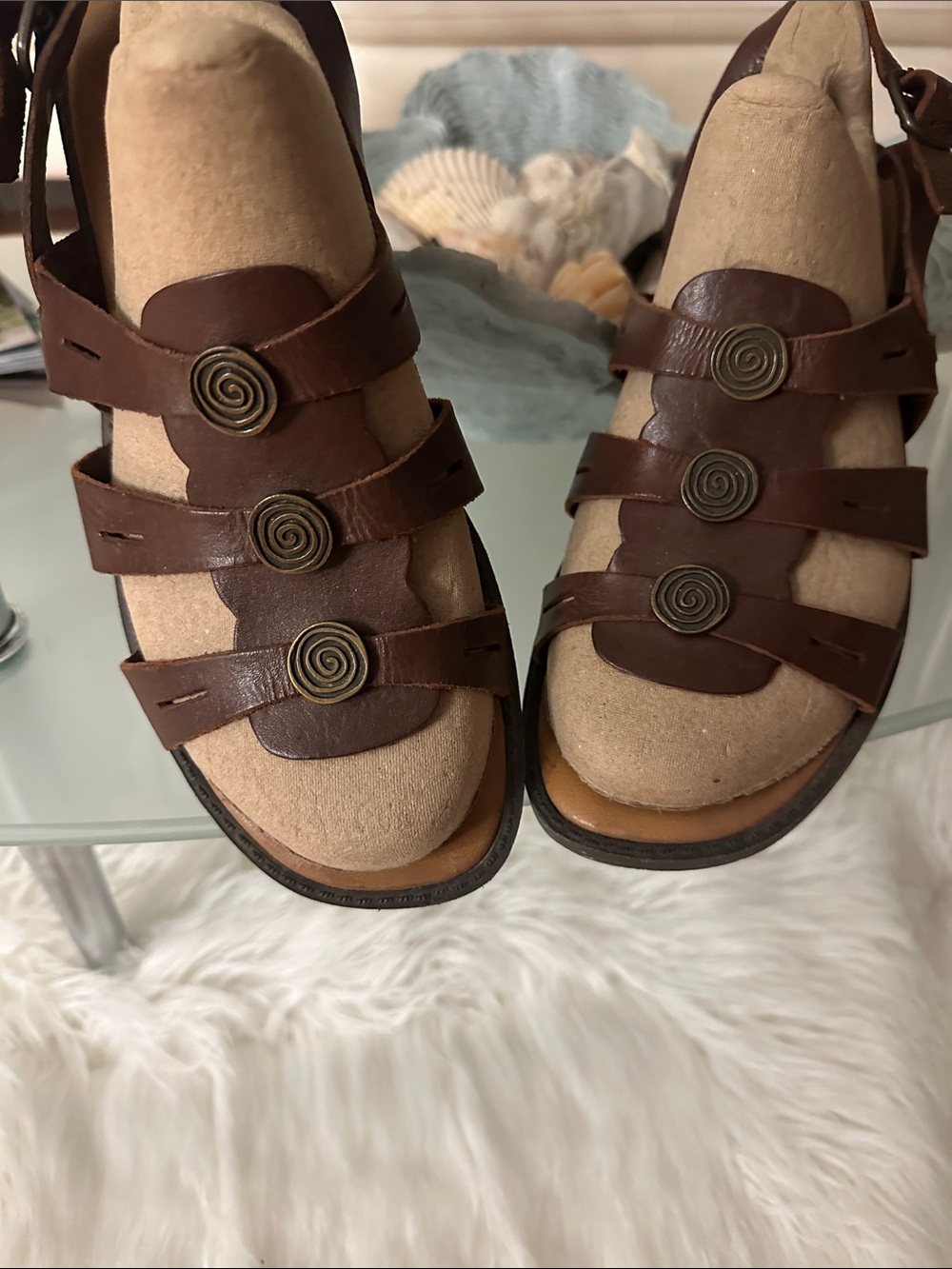 Women's Brown Leather Strappy Sandals with Spiral Button Accents